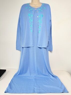 Vintage Jessica Holbrook Light Blue Embroidered Maxi Dress W/ Cardigan set Large